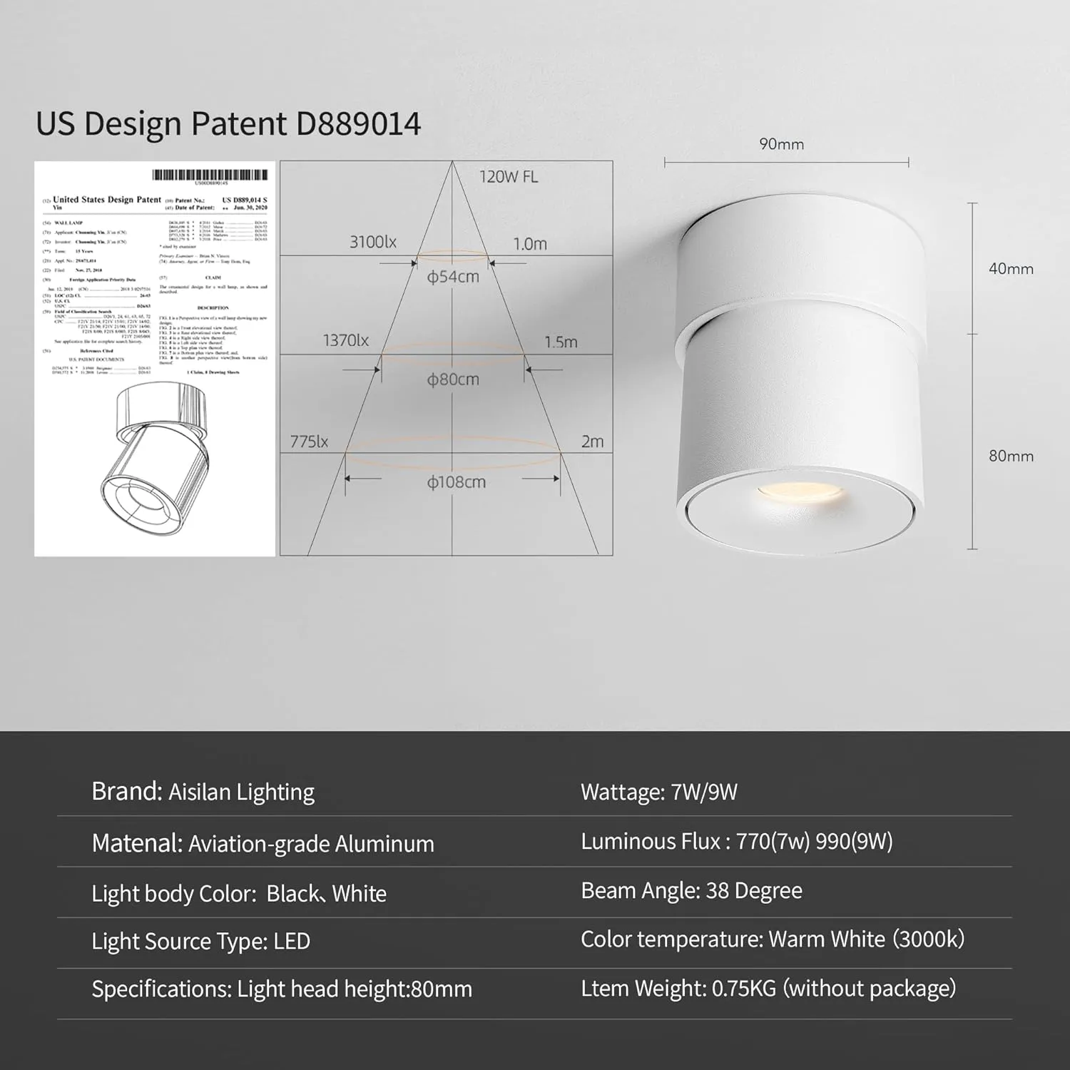Aisilan White 9W LED Adjustable Ceiling Spotlight Indoor Accent Lamp Surface Mounted Downlight Aluminum with 360° Pivoting Spot Light, Warm White CRI 97  for Living Room Artwork Picture