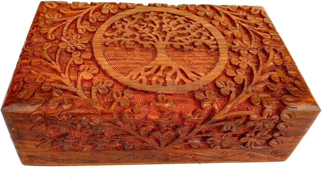Ajuny Handcarved Wooden Decorative Treasure Chest Box 8 x 5 Inch Brown Tree Of Life Pattern - Multipurpose Use As Jewelry Storage, Watch Box, Great for Gifts