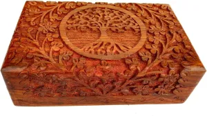 Ajuny Handcarved Wooden Decorative Treasure Chest Box 8 x 5 Inch Brown Tree Of Life Pattern - Multipurpose Use As Jewelry Storage, Watch Box, Great for Gifts