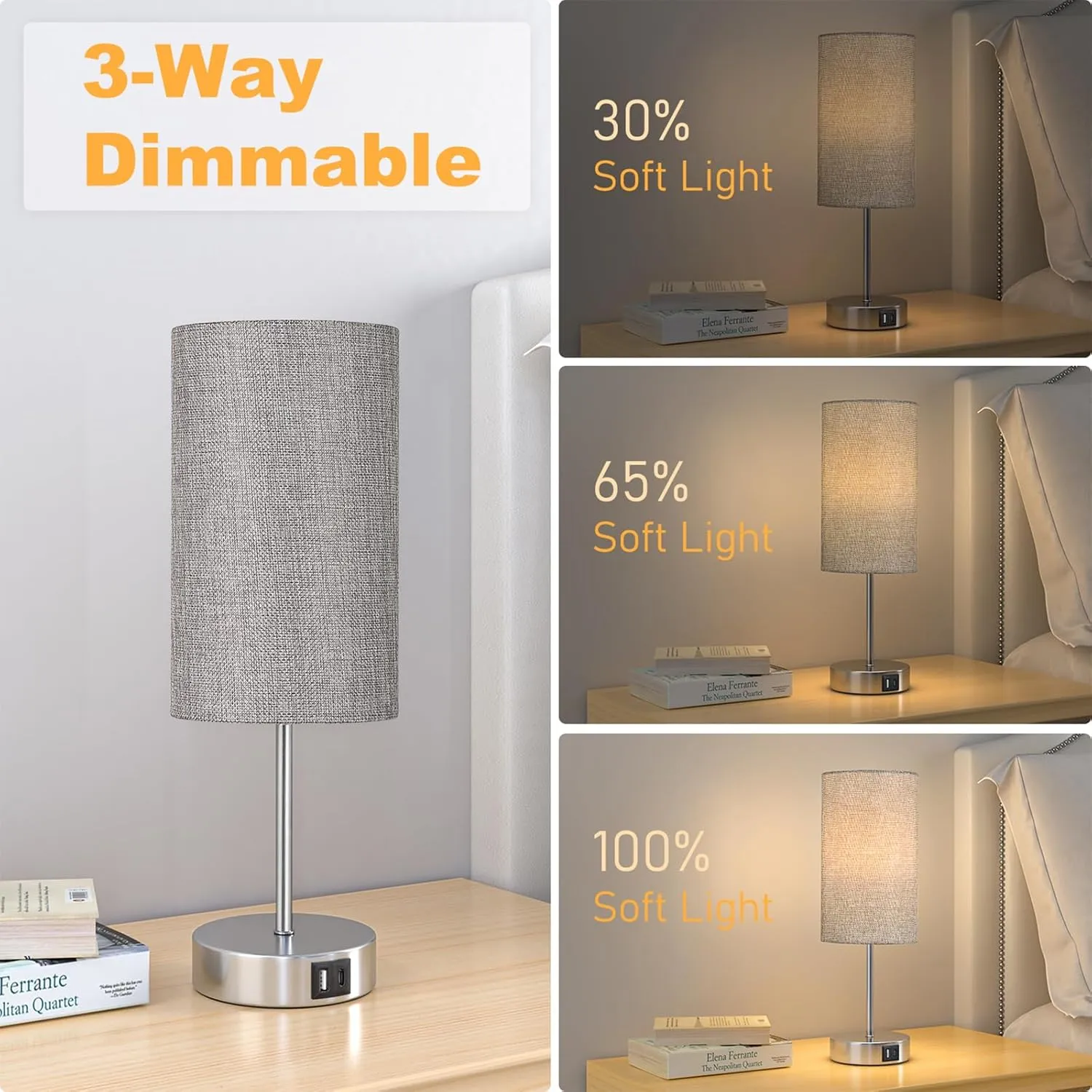 AKASUKI Table Lamp for Bedroom, 3 Way Dimmable Touch Lamp with Dual Charging Station, Small Bedside Lamps for Night Stands, Living Room, Office(LED Bulb Included)