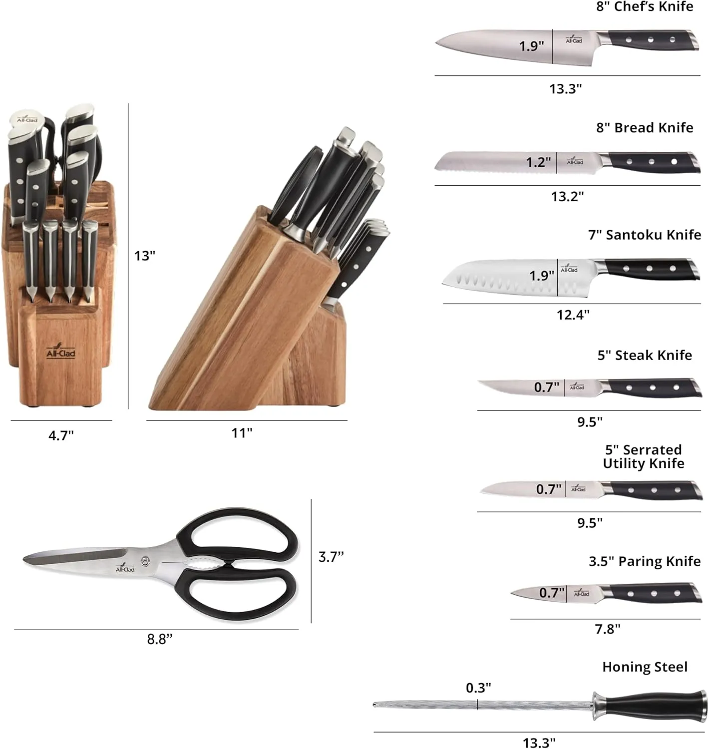 All-Clad Forged German Stainless Steel Knife Set and Acacia Wood Block 12 Piece, Fully Forged, Expert Precision, Knife Set, Cookware Knife Block Set, Kitchen Knives, Ultra Sharp, Kitchen Utensils