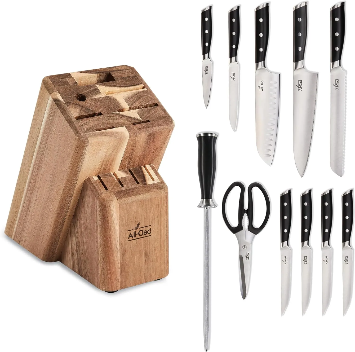 All-Clad Forged German Stainless Steel Knife Set and Acacia Wood Block 12 Piece, Fully Forged, Expert Precision, Knife Set, Cookware Knife Block Set, Kitchen Knives, Ultra Sharp, Kitchen Utensils