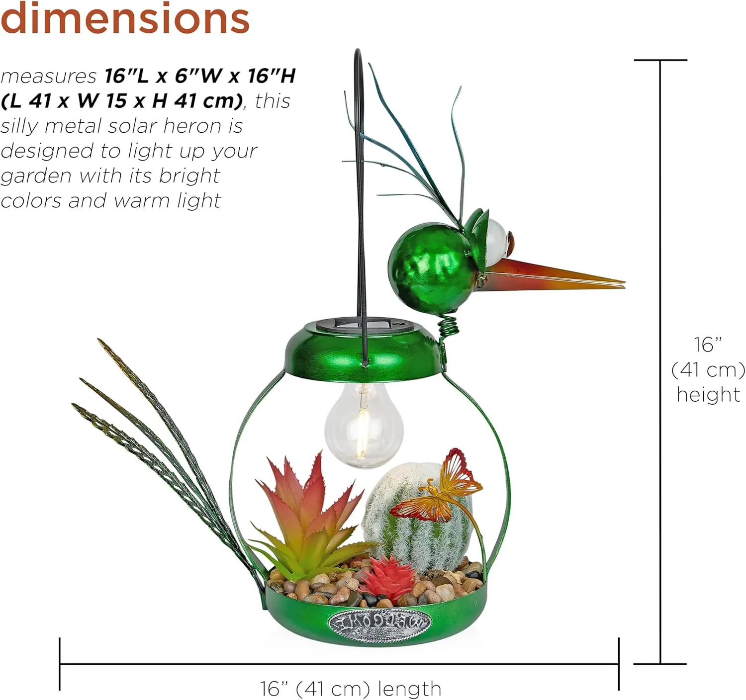 Alpine Corporation LYT292SLR-HH Solar-Powered Metal Heron w/Garden Enclosed LED Light Decor, Solar Patio Decor, 16''H, Green