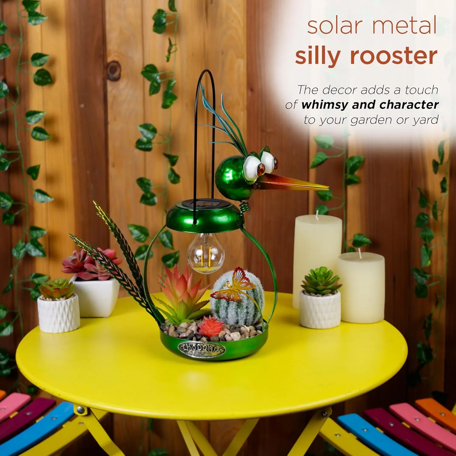 Alpine Corporation LYT292SLR-HH Solar-Powered Metal Heron w/Garden Enclosed LED Light Decor, Solar Patio Decor, 16''H, Green