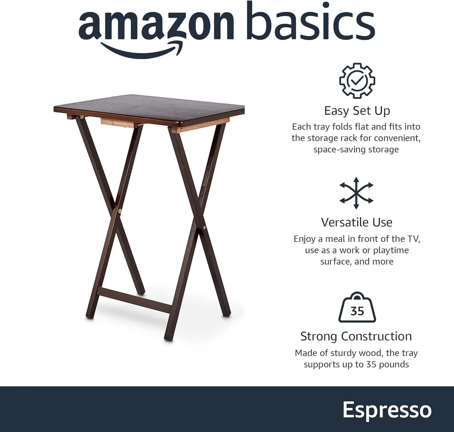 Amazon Basics Portable TV Dinner 4-Pack Rectangular Folding Tray Table with Storage Rack, Espresso, 14.6"L x 19"W x 26"H
