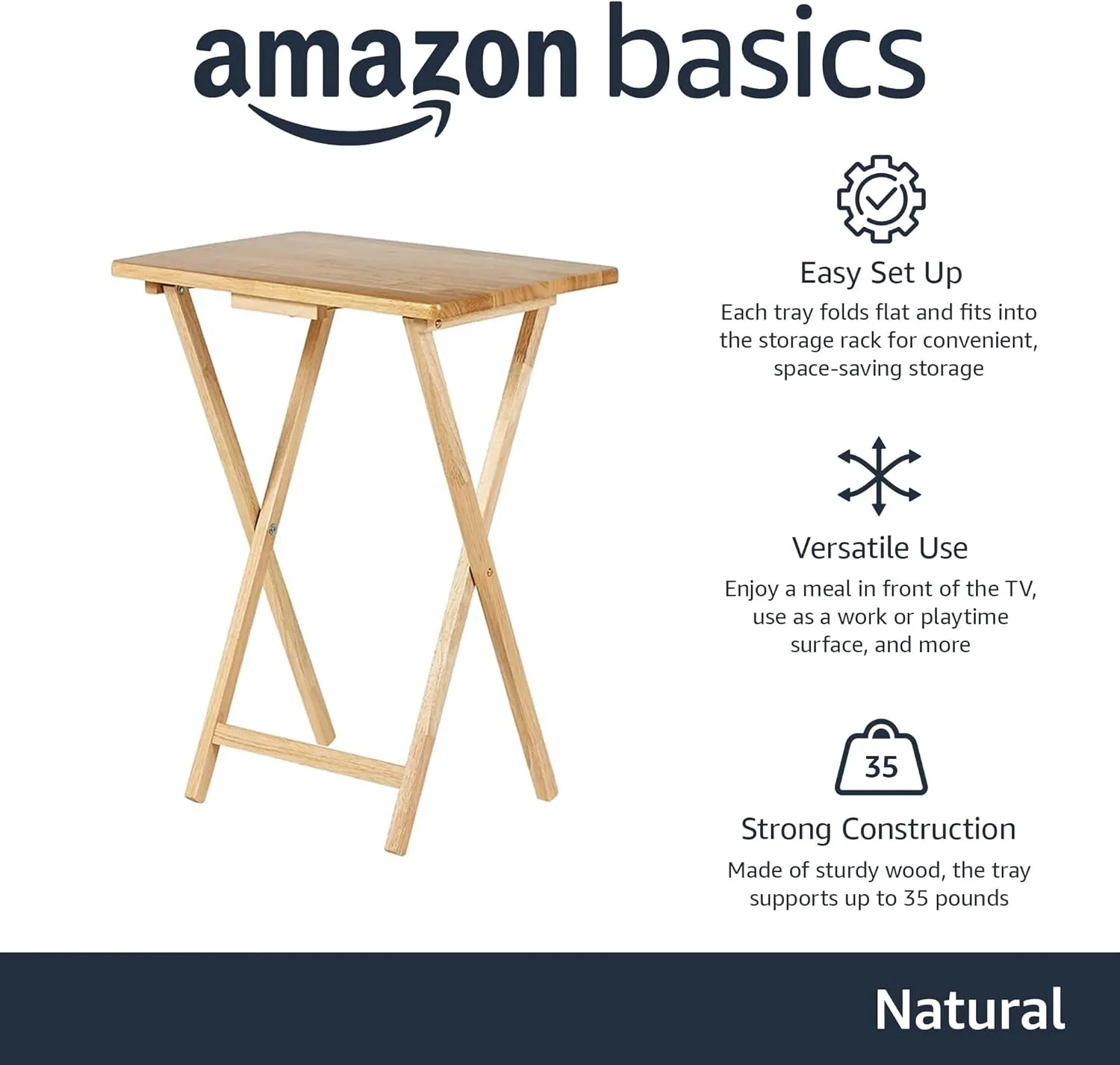 Amazon Basics Portable TV Dinner 4-Pack Rectangular Folding Tray Table with Storage Rack, Natural, 15"D x 19"W x 26"H