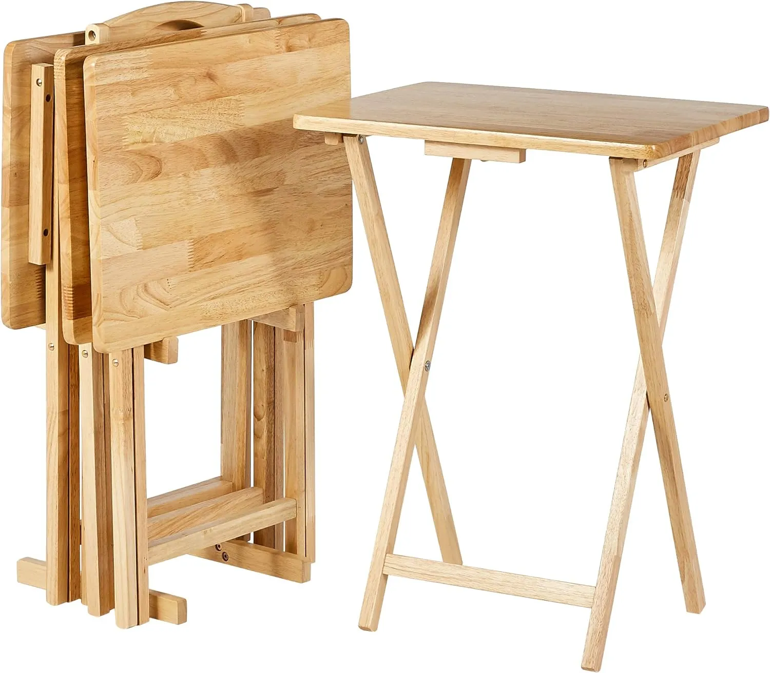 Amazon Basics Portable TV Dinner 4-Pack Rectangular Folding Tray Table with Storage Rack, Natural, 15"D x 19"W x 26"H