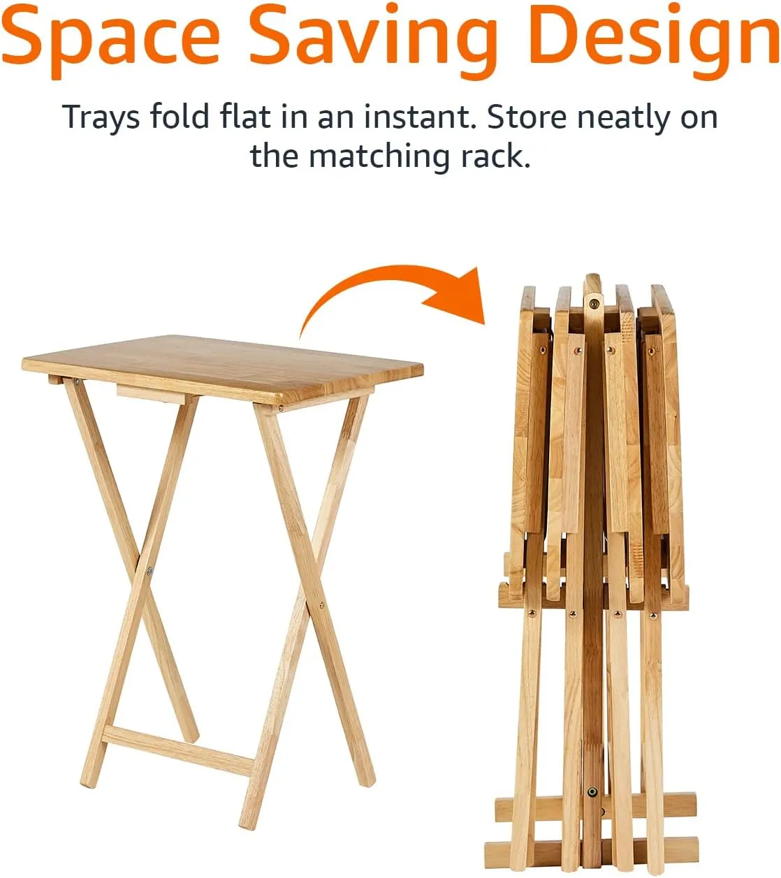 Amazon Basics Portable TV Dinner 4-Pack Rectangular Folding Tray Table with Storage Rack, Natural, 15"D x 19"W x 26"H