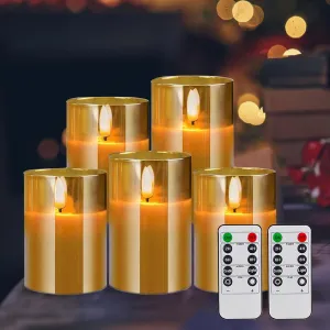Amber Flameless Candles, 5 Pack Battery Operated Candles with Flickering Flame, Large Pillar Candles with 2 Remote and Timer for Party/Hotel/Wedding/Birthday Decoration