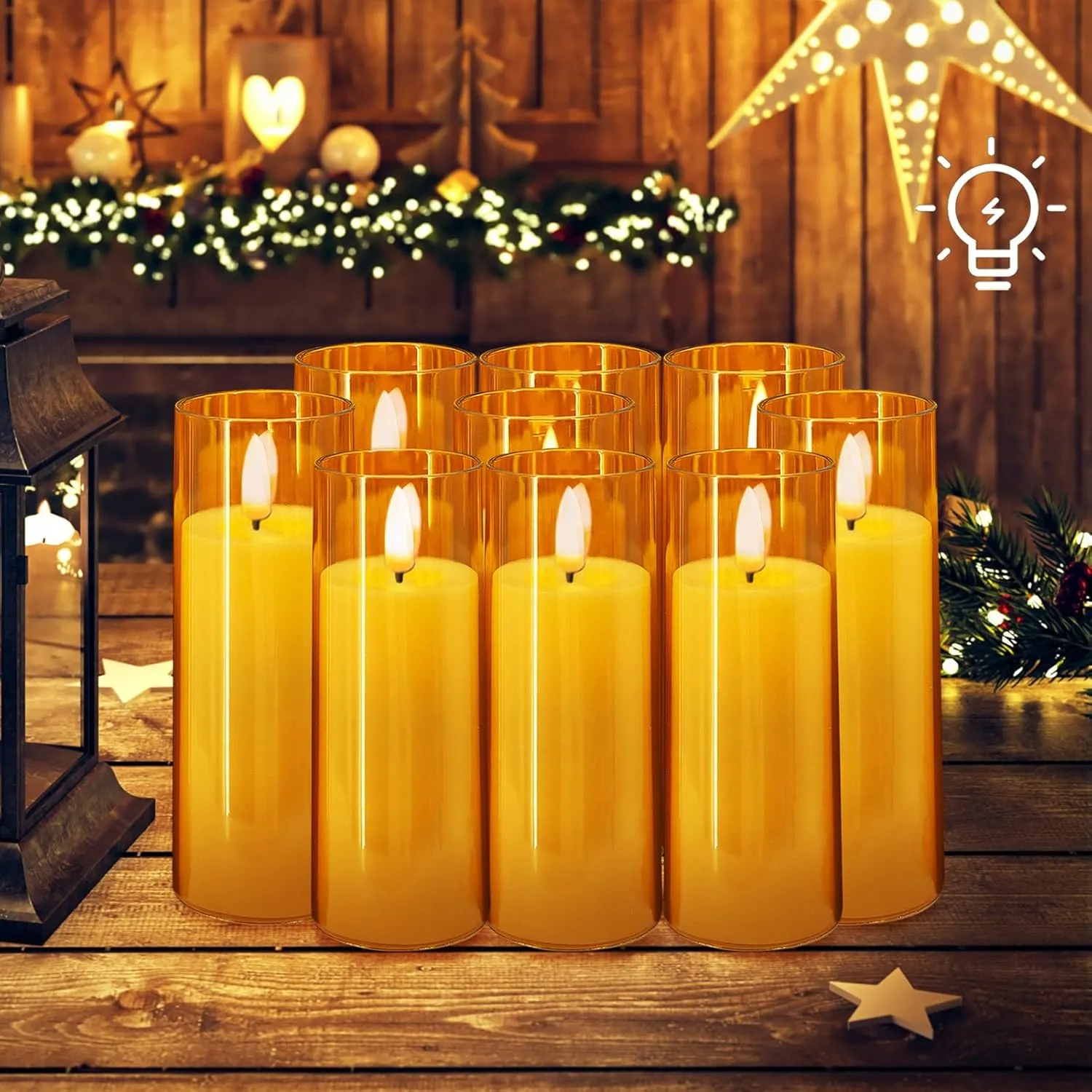 Amber Flickering Flameless Candles, 9 Pack Battery Operated Candles with Flickering Flame, Led Pillar Candles with 2 Remote and Timer for Party/Hotel/Wedding/Birthday/Home Decoration