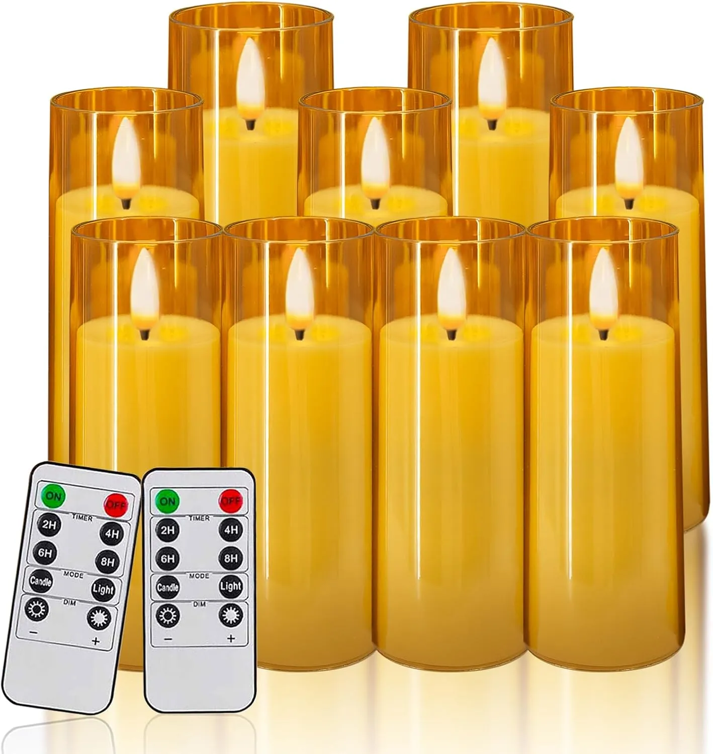 Amber Flickering Flameless Candles, 9 Pack Battery Operated Candles with Flickering Flame, Led Pillar Candles with 2 Remote and Timer for Party/Hotel/Wedding/Birthday/Home Decoration