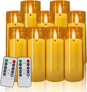 Amber Flickering Flameless Candles, 9 Pack Battery Operated Candles with Flickering Flame, Led Pillar Candles with 2 Remote and Timer for Party/Hotel/Wedding/Birthday/Home Decoration