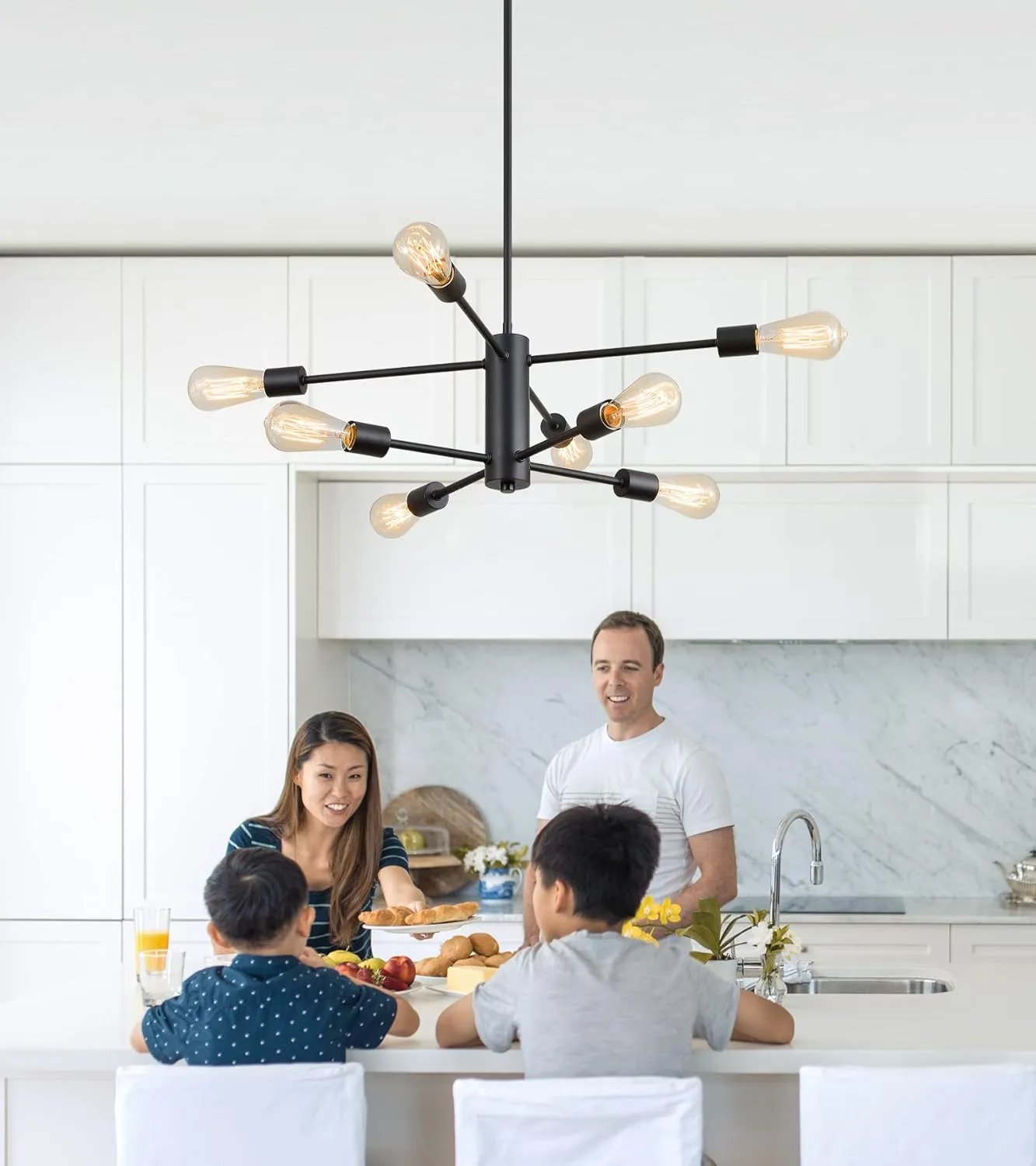 AMZASA Black Modern Sputnik Chandeliers, 8 Light Farmhouse Mid Century Pendant Light for Dining Room Living Room Kitchen Island Entryway Foyer UL Listed