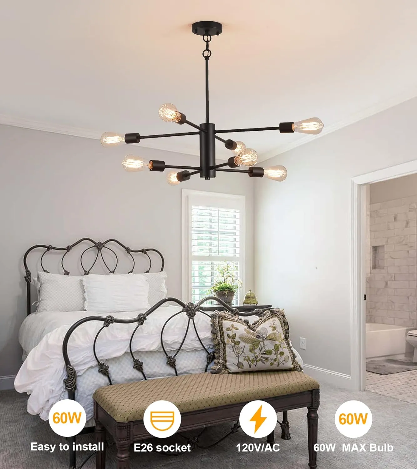 AMZASA Black Modern Sputnik Chandeliers, 8 Light Farmhouse Mid Century Pendant Light for Dining Room Living Room Kitchen Island Entryway Foyer UL Listed