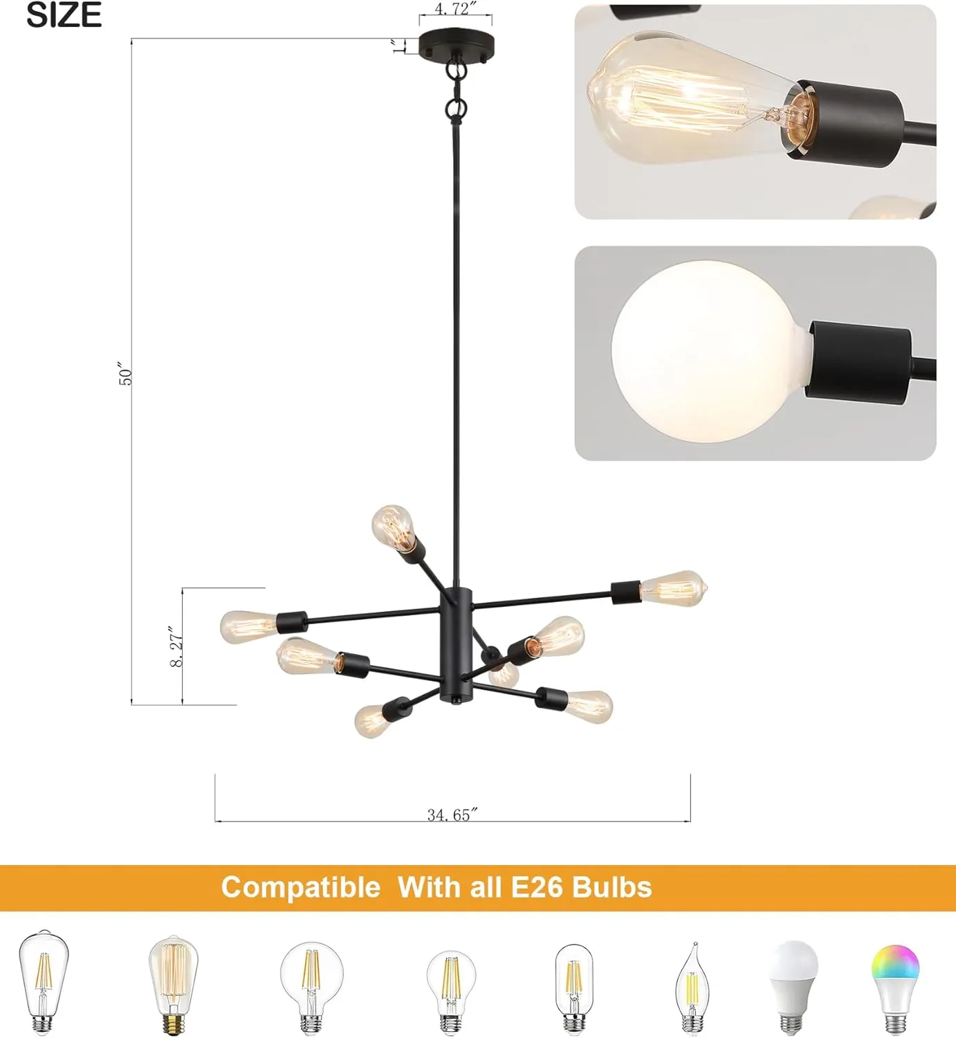 AMZASA Black Modern Sputnik Chandeliers, 8 Light Farmhouse Mid Century Pendant Light for Dining Room Living Room Kitchen Island Entryway Foyer UL Listed