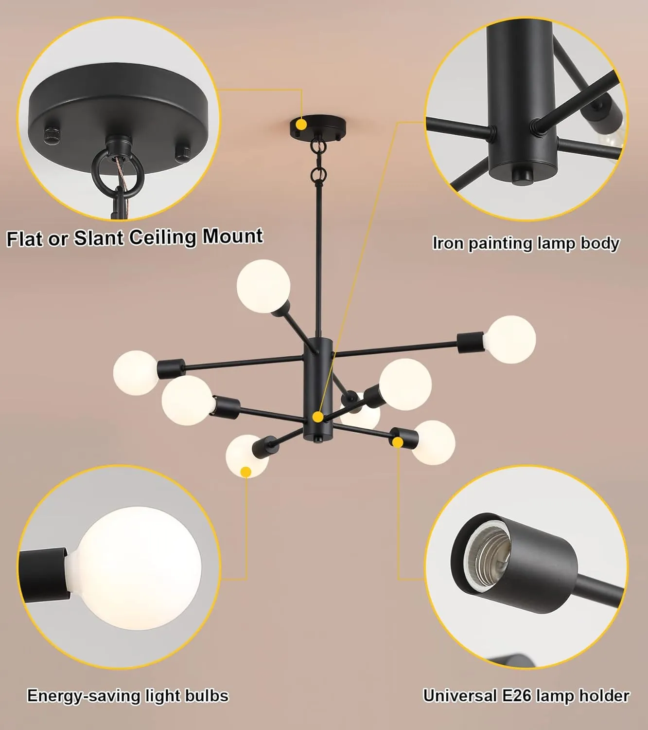AMZASA Black Modern Sputnik Chandeliers, 8 Light Farmhouse Mid Century Pendant Light for Dining Room Living Room Kitchen Island Entryway Foyer UL Listed