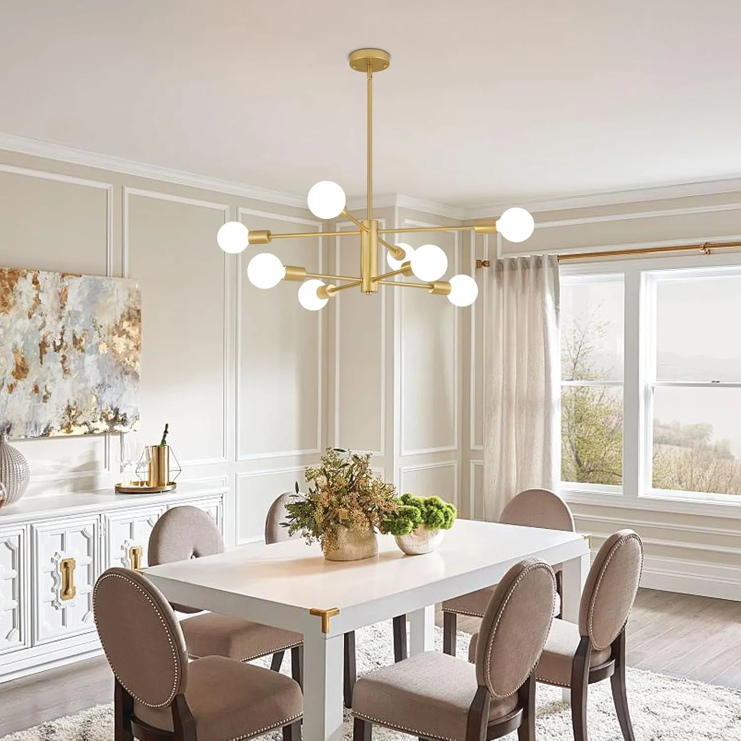 AMZASA Gold Sputnik Chandelier 8 Light Modern Industrial Mid Century Modern Light Fixture for Dining Room Kitchen Living Room Entryway Bedroom Plating Shining Gold Finished UL Listed