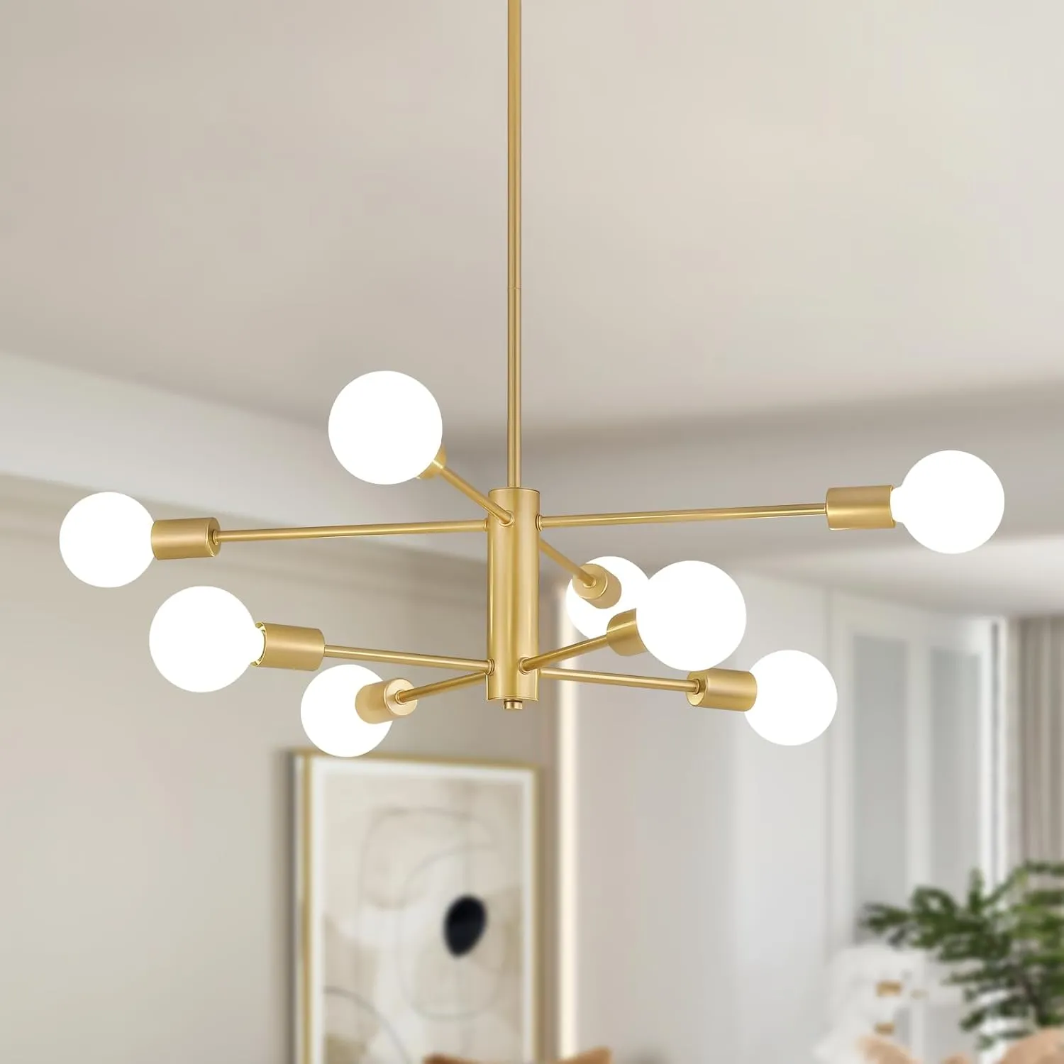 AMZASA Gold Sputnik Chandelier 8 Light Modern Industrial Mid Century Modern Light Fixture for Dining Room Kitchen Living Room Entryway Bedroom Plating Shining Gold Finished UL Listed