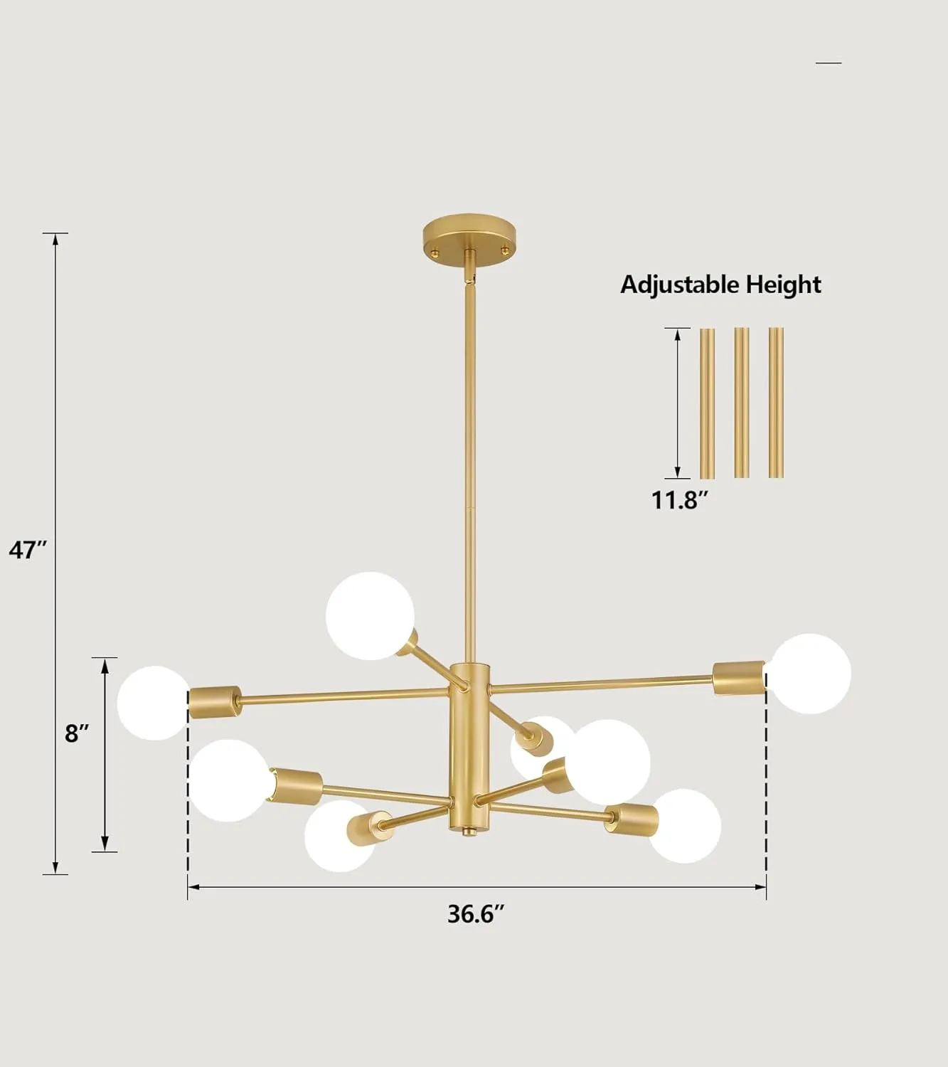 AMZASA Gold Sputnik Chandelier 8 Light Modern Industrial Mid Century Modern Light Fixture for Dining Room Kitchen Living Room Entryway Bedroom Plating Shining Gold Finished UL Listed