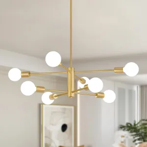 AMZASA Gold Sputnik Chandelier 8 Light Modern Industrial Mid Century Modern Light Fixture for Dining Room Kitchen Living Room Entryway Bedroom Plating Shining Gold Finished UL Listed