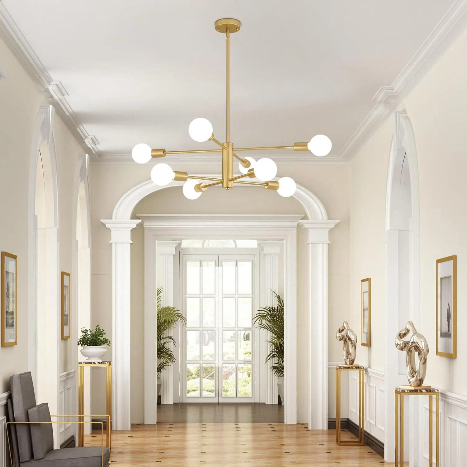AMZASA Gold Sputnik Chandelier 8 Light Modern Industrial Mid Century Modern Light Fixture for Dining Room Kitchen Living Room Entryway Bedroom Plating Shining Gold Finished UL Listed