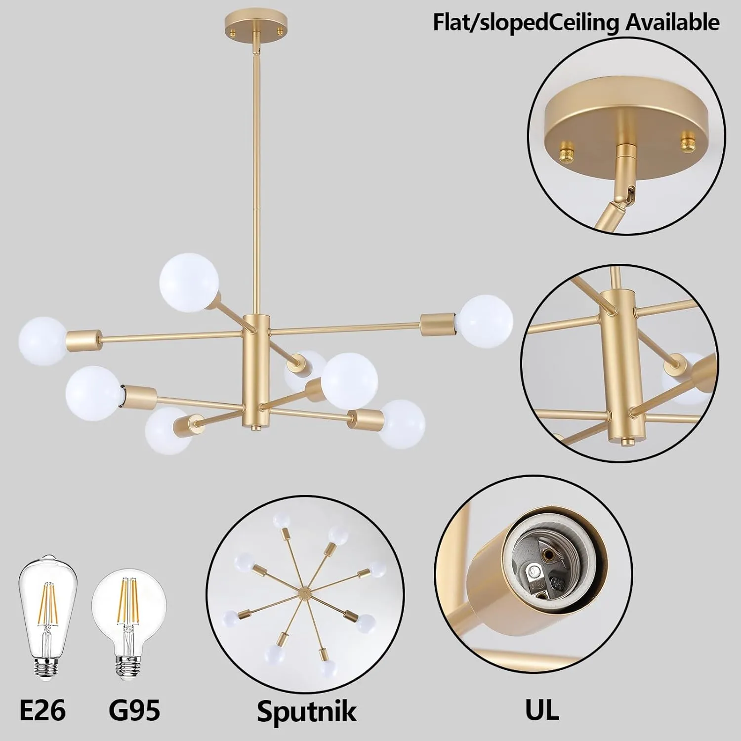 AMZASA Gold Sputnik Chandelier 8 Light Modern Industrial Mid Century Modern Light Fixture for Dining Room Kitchen Living Room Entryway Bedroom Plating Shining Gold Finished UL Listed