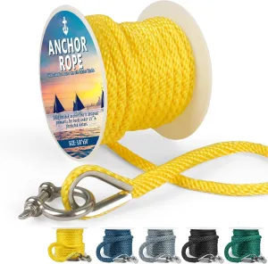 Anchor Rope 50 Ft X 3/8 Inch, Premium Solid Braid MFP Anchor Line, Boat Anchor Rope with Stainless Steel Thimble and Shackle (Light Yellow)