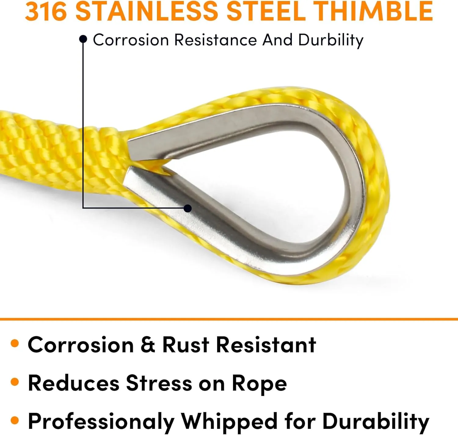 Anchor Rope 50 Ft X 3/8 Inch, Premium Solid Braid MFP Anchor Line, Boat Anchor Rope with Stainless Steel Thimble and Shackle (Light Yellow)