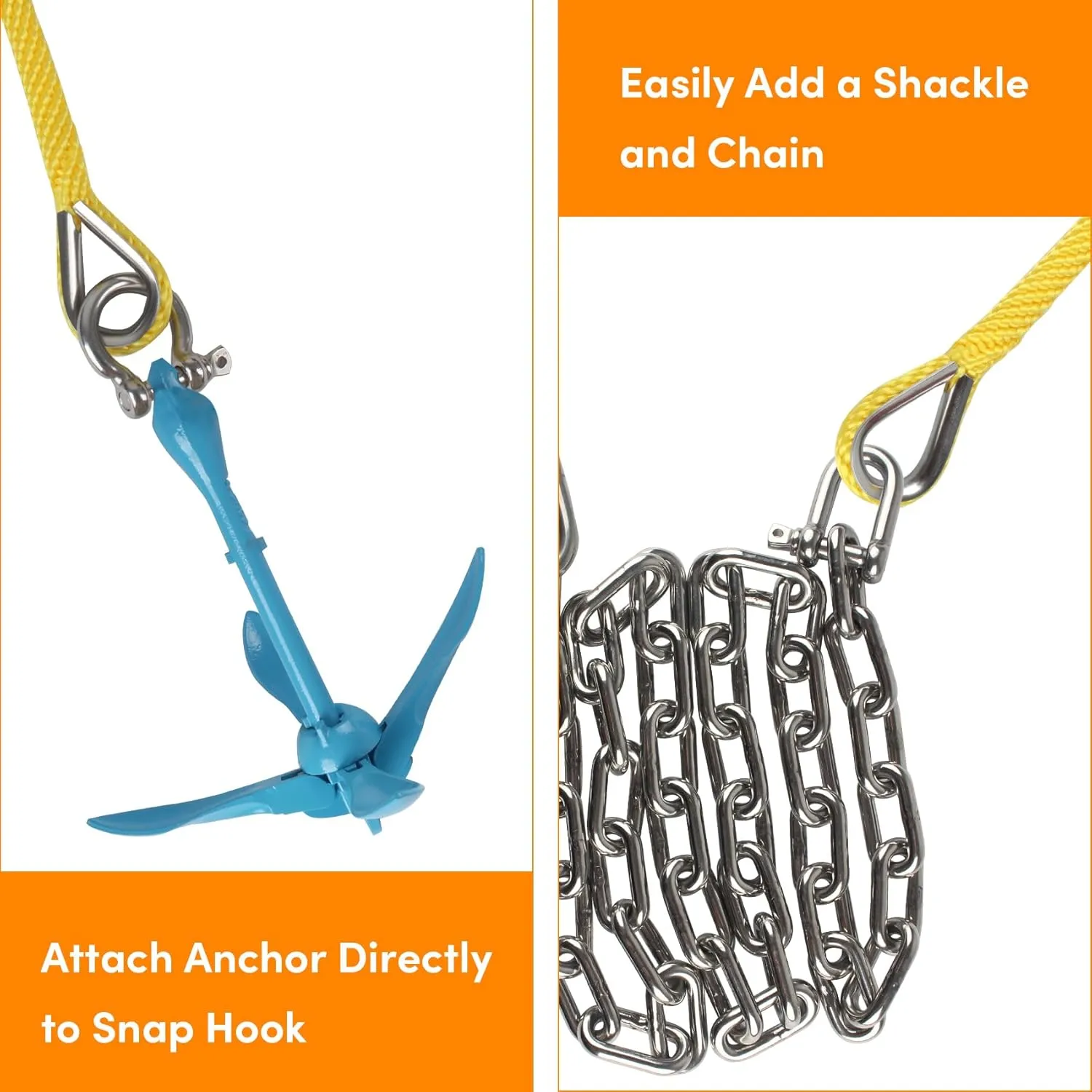 Anchor Rope 50 Ft X 3/8 Inch, Premium Solid Braid MFP Anchor Line, Boat Anchor Rope with Stainless Steel Thimble and Shackle (Light Yellow)
