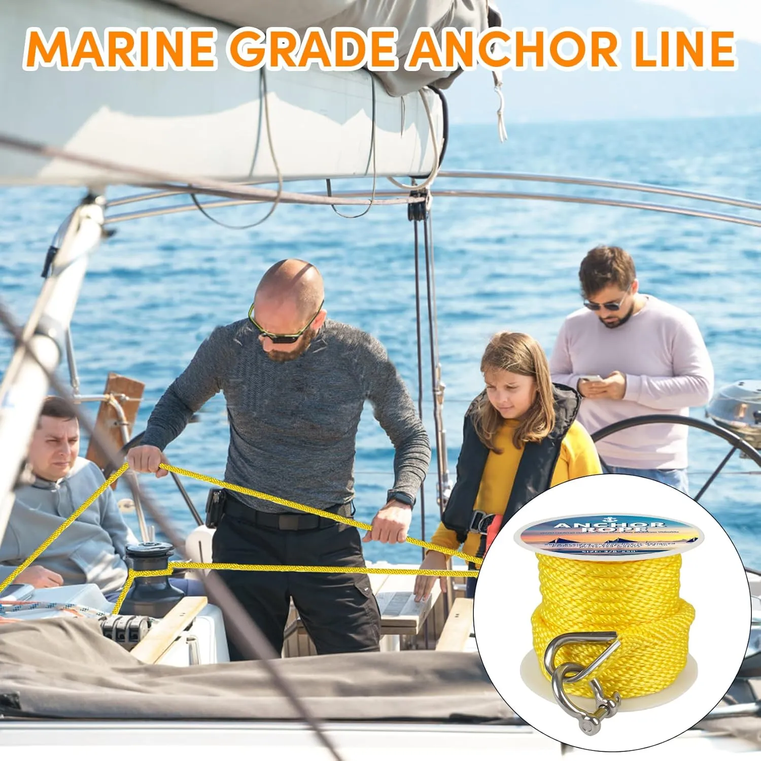 Anchor Rope 50 Ft X 3/8 Inch, Premium Solid Braid MFP Anchor Line, Boat Anchor Rope with Stainless Steel Thimble and Shackle (Light Yellow)