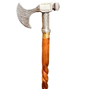 Antique Axe Head Brass Walking Stick/Cane - Premium Steampunk Handmade Engraved Silver Head Wooden Walking Stick With Premium Handle For Men, Women, Hiking, Camping,Senior