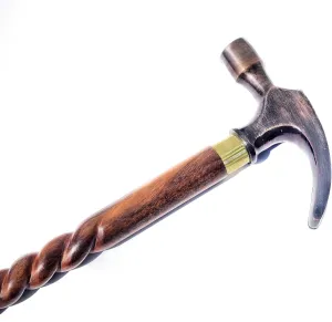 Antique Wooden Walking Cane Stick with Unique Brass Hammer Head Handle, Versatile Rugged Style Support