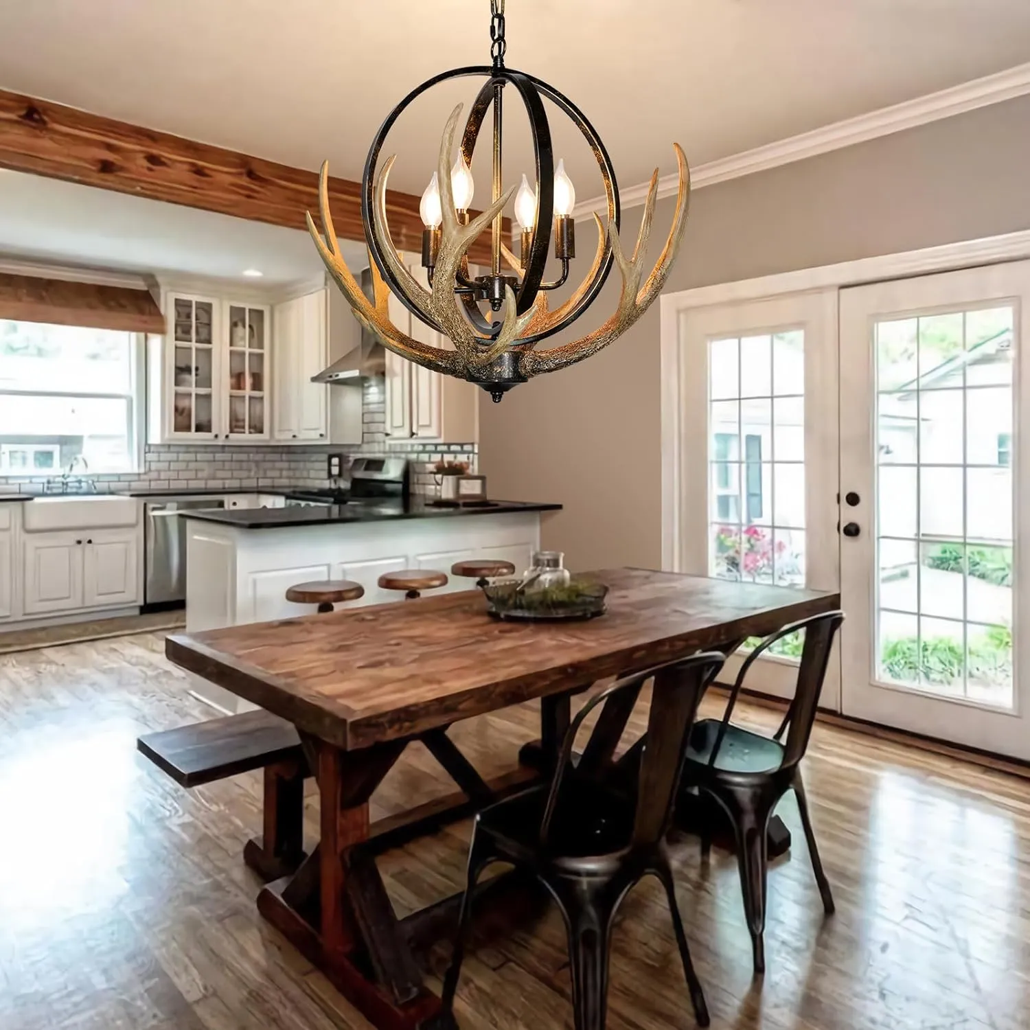 Antler Chandelier 4 Lights, 20" Rustic Farmhouse Chandelier with Resin 4 Antlers and Retro Metal Globe Chandeliers Vintage Style for Dining Room, Kitchen, Entryway, Living Room