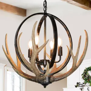 Antler Chandelier 4 Lights, 20" Rustic Farmhouse Chandelier with Resin 4 Antlers and Retro Metal Globe Chandeliers Vintage Style for Dining Room, Kitchen, Entryway, Living Room