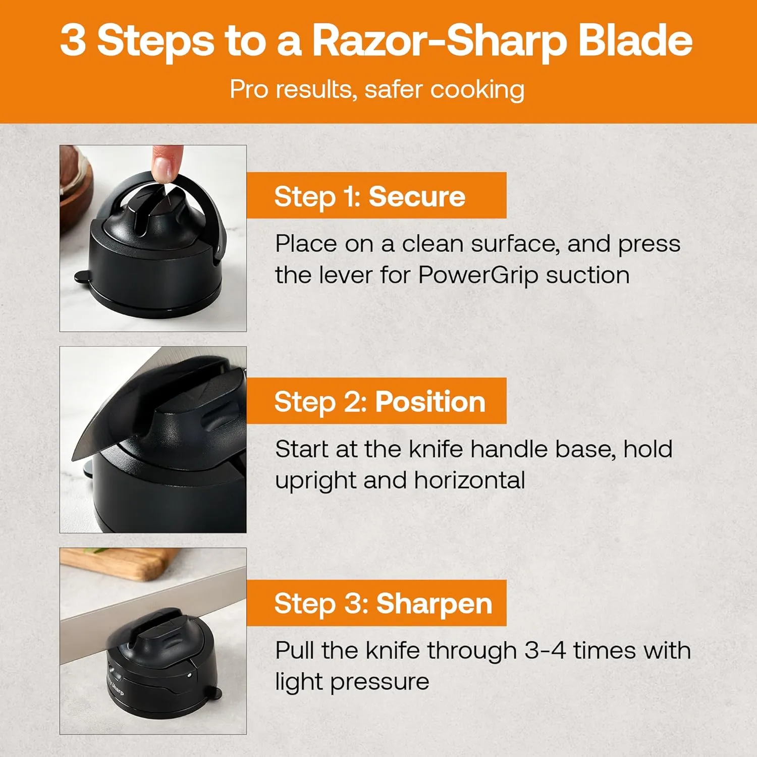 AnySharp – EVO – Hands Free Knife Sharpener - Easy to Use Sharpening Tool with Improved PowerGrip Suction Base and 20-Deg Pre-set Angle - For All Knives: Chef’s, Serrated, and Hardened Steel - Black