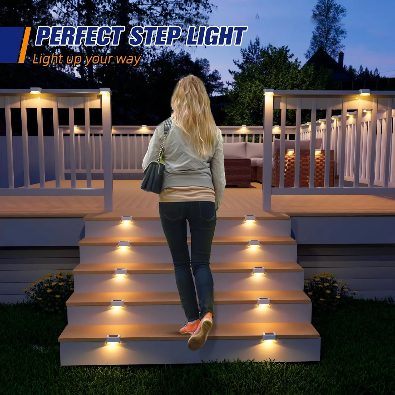 APONUO Solar Deck Lights 16 Pcs, Outdoor Waterproof Led Solar Fence Lamp for Patio, Stairs, Garden Pathway, Steps and Fences (Warm White)