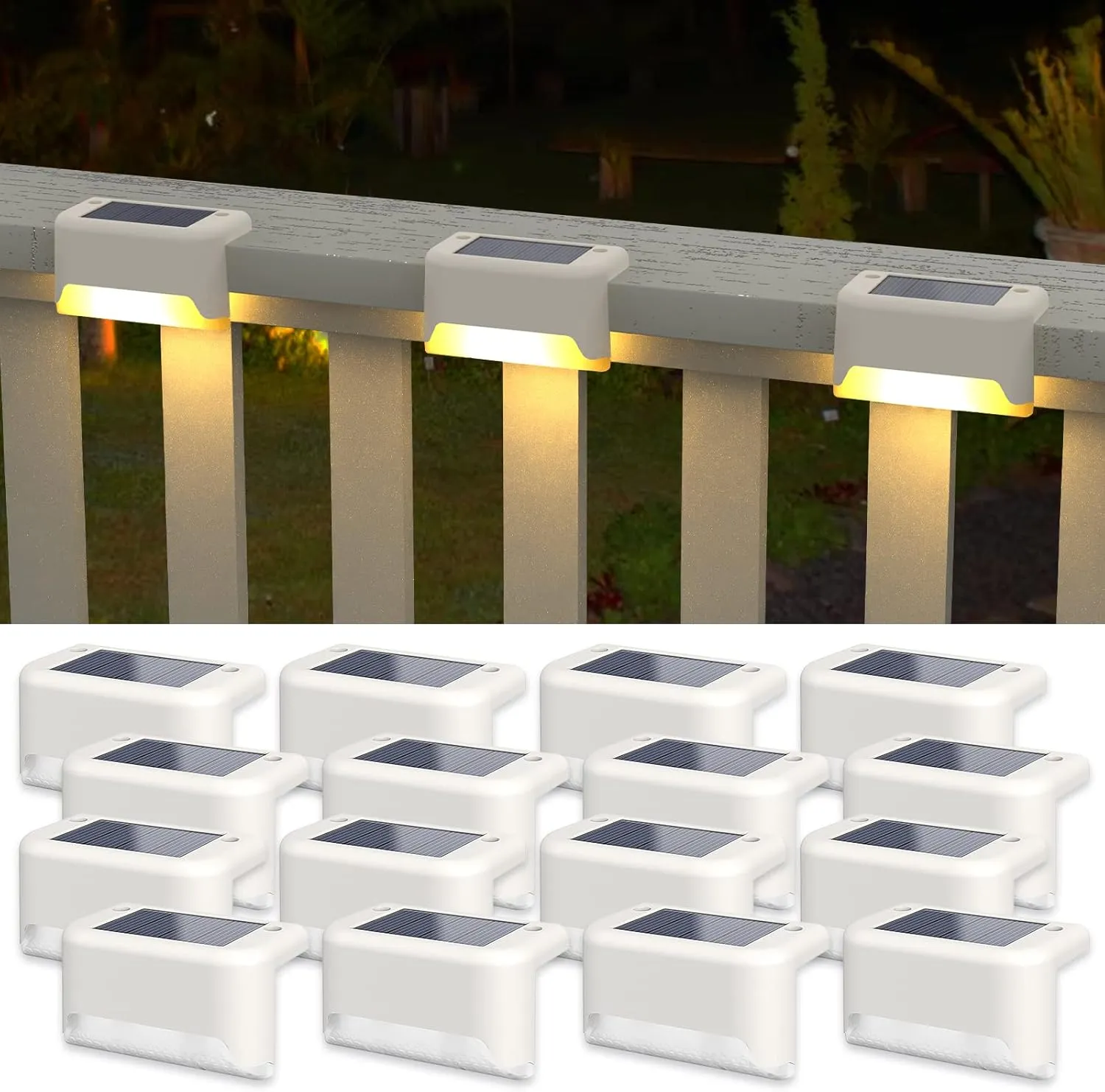APONUO Solar Deck Lights 16 Pcs, Outdoor Waterproof Led Solar Fence Lamp for Patio, Stairs, Garden Pathway, Steps and Fences (Warm White)