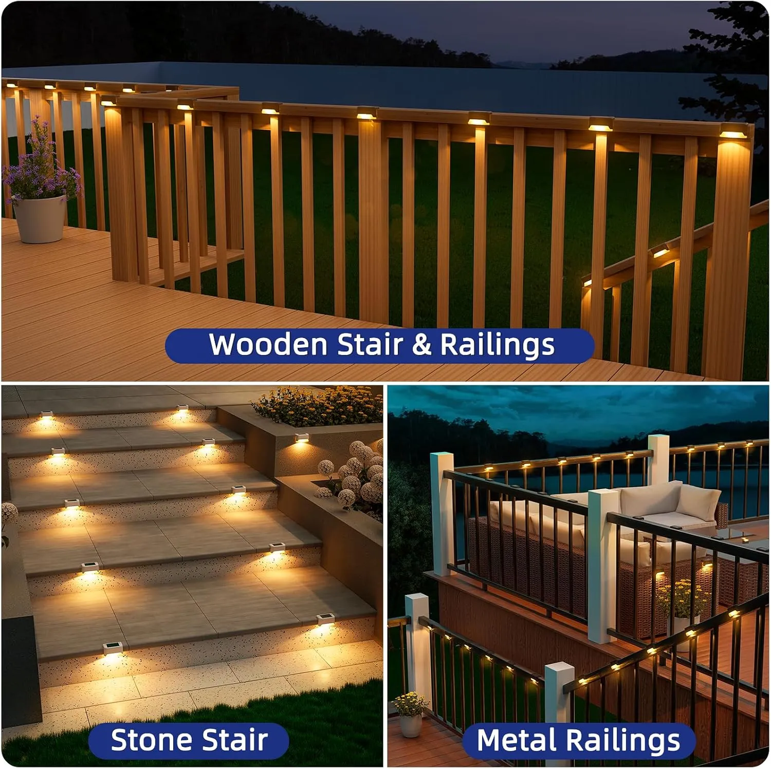 APONUO Solar Deck Lights 16 Pcs, Solar Step Lights Outdoor Waterproof Led Solar Fence Lamp for Steps,Fence,Deck,Railing and Stairs (Warm White)