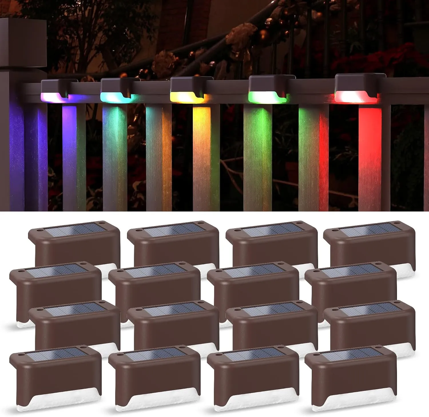 APONUO Solar Deck Lights 16 Pcs, Solar Step Lights Outdoor Waterproof RGB Fence Lamp for Steps,Backyard,Stairs and Railing