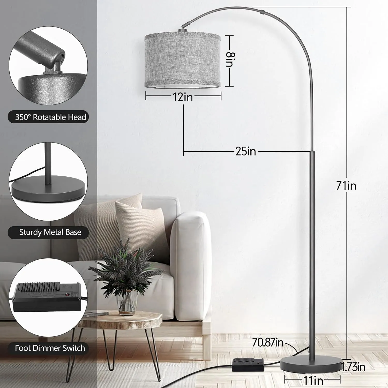Arc Floor Lamp with Dimmer, Dimmable Floor Lamp for Living Room, Modern Standing Lamp with Gray Adjustable Hanging Shade, Tall Pole Lamp Reading Light for Bedroom, Over Couch, 9W LED Bulb Included