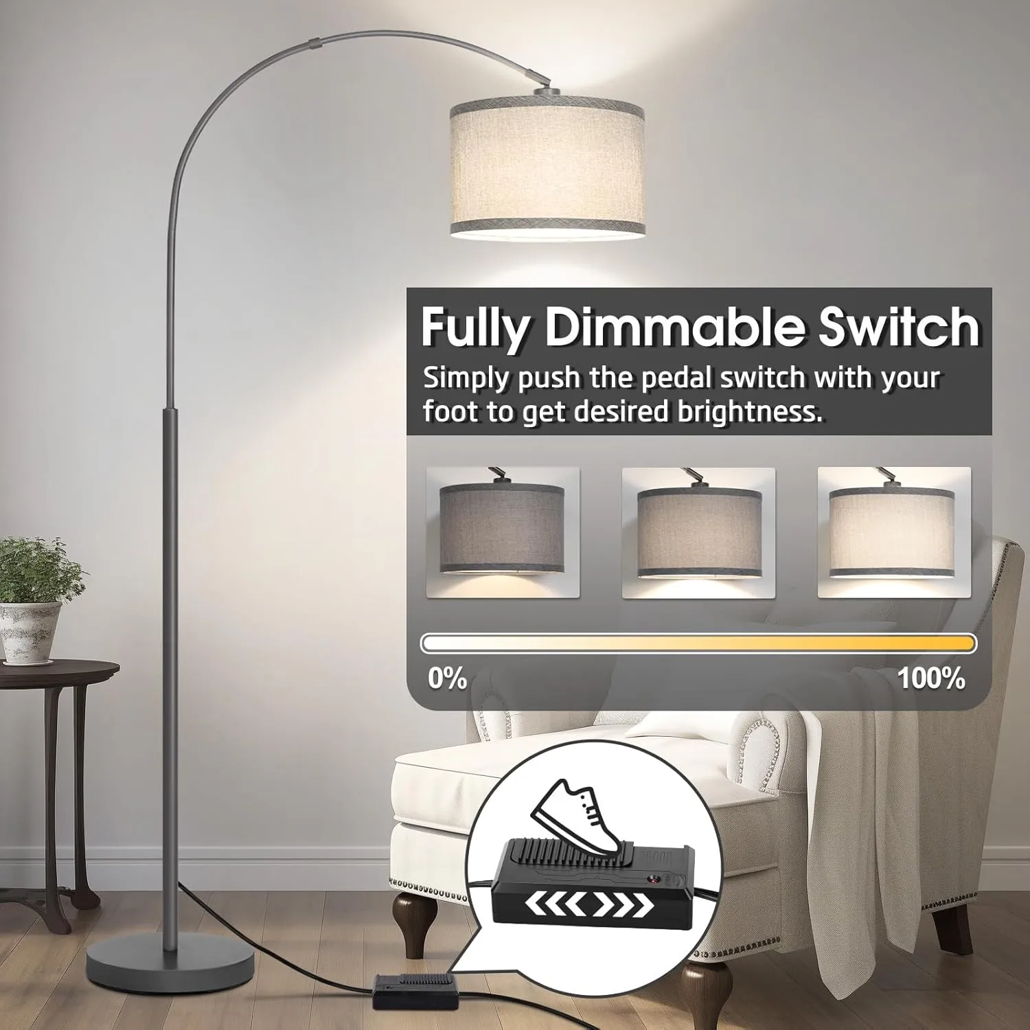 Arc Floor Lamp with Dimmer, Dimmable Floor Lamp for Living Room, Modern Standing Lamp with Gray Adjustable Hanging Shade, Tall Pole Lamp Reading Light for Bedroom, Over Couch, 9W LED Bulb Included