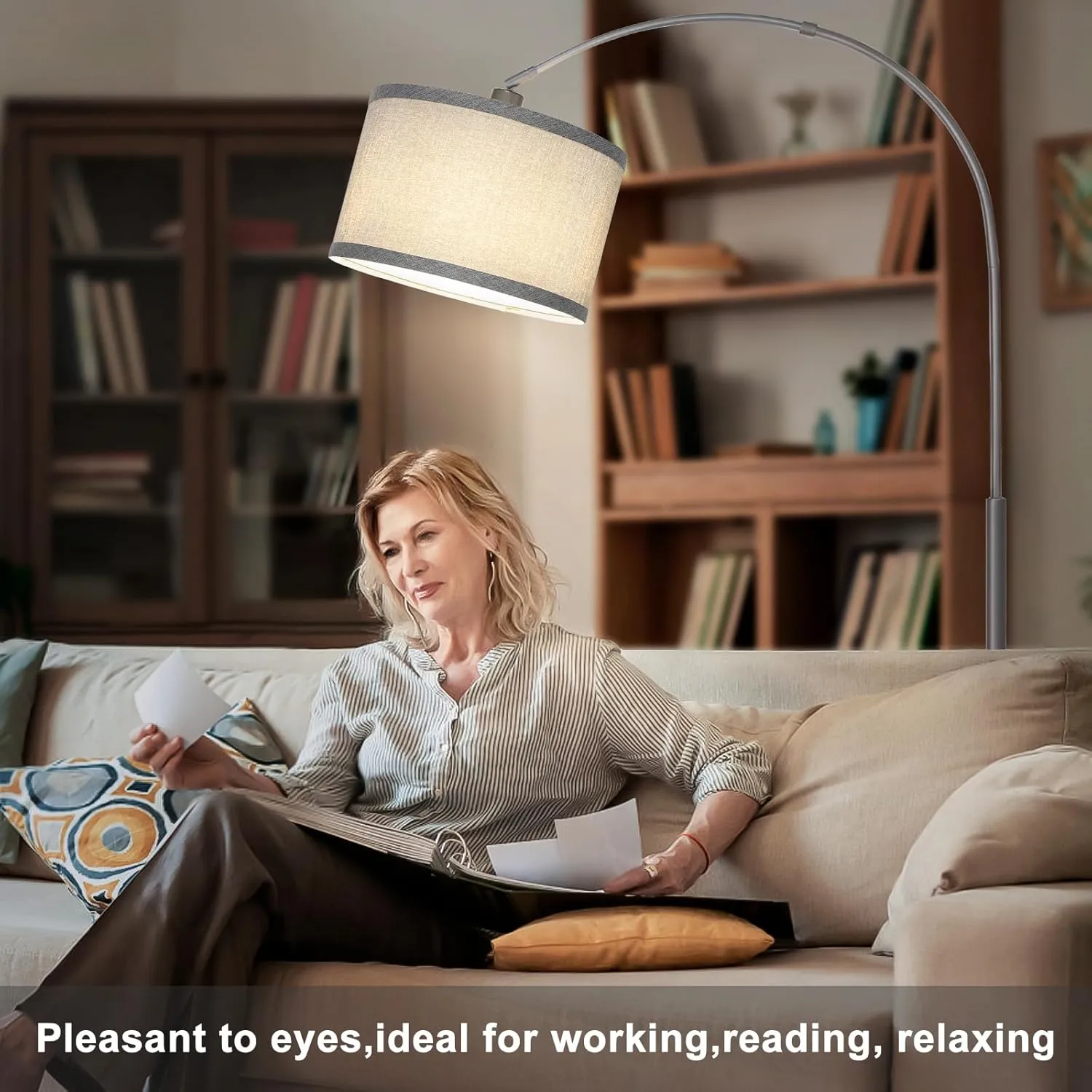 Arc Floor Lamp with Dimmer, Dimmable Floor Lamp for Living Room, Modern Standing Lamp with Gray Adjustable Hanging Shade, Tall Pole Lamp Reading Light for Bedroom, Over Couch, 9W LED Bulb Included