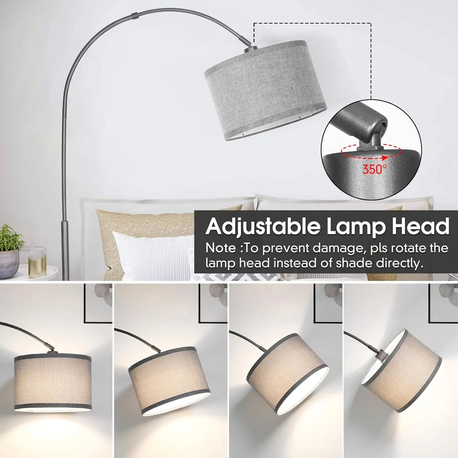 Arc Floor Lamp with Dimmer, Dimmable Floor Lamp for Living Room, Modern Standing Lamp with Gray Adjustable Hanging Shade, Tall Pole Lamp Reading Light for Bedroom, Over Couch, 9W LED Bulb Included