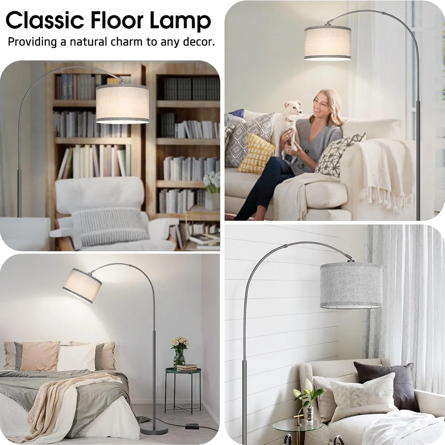 Arc Floor Lamp with Dimmer, Dimmable Floor Lamp for Living Room, Modern Standing Lamp with Gray Adjustable Hanging Shade, Tall Pole Lamp Reading Light for Bedroom, Over Couch, 9W LED Bulb Included