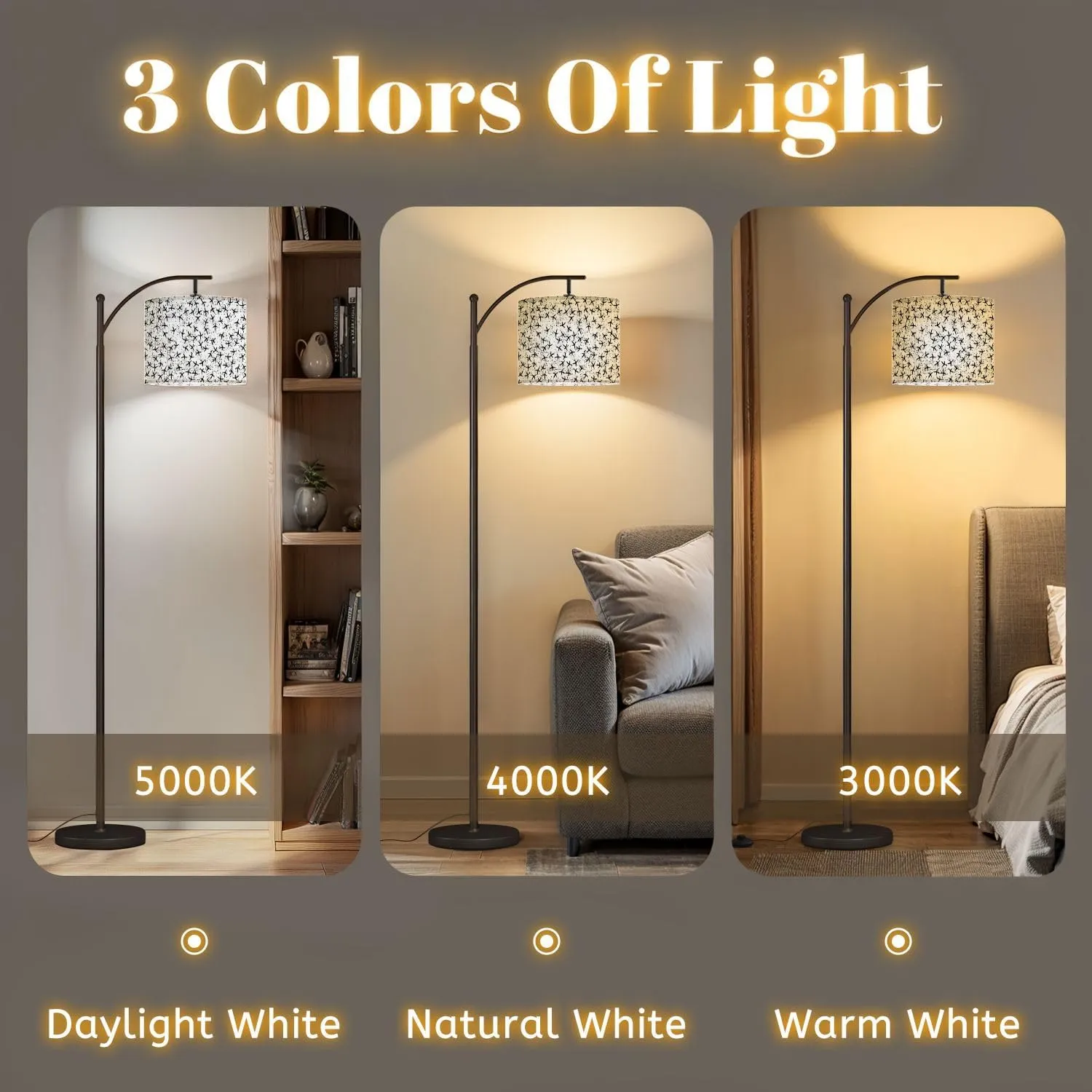 Arc Floor Lamps Abstract Seamless Pattern Chicken Footprints Grunge dots Bw bg Bird Modern LED Adjustable Lampshade Standing Light for Living Room Reading Bedroom Office