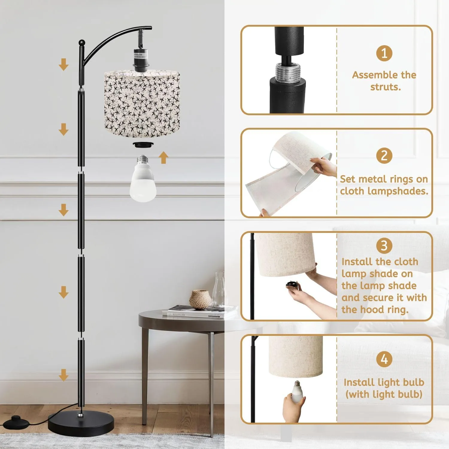 Arc Floor Lamps Abstract Seamless Pattern Chicken Footprints Grunge dots Bw bg Bird Modern LED Adjustable Lampshade Standing Light for Living Room Reading Bedroom Office