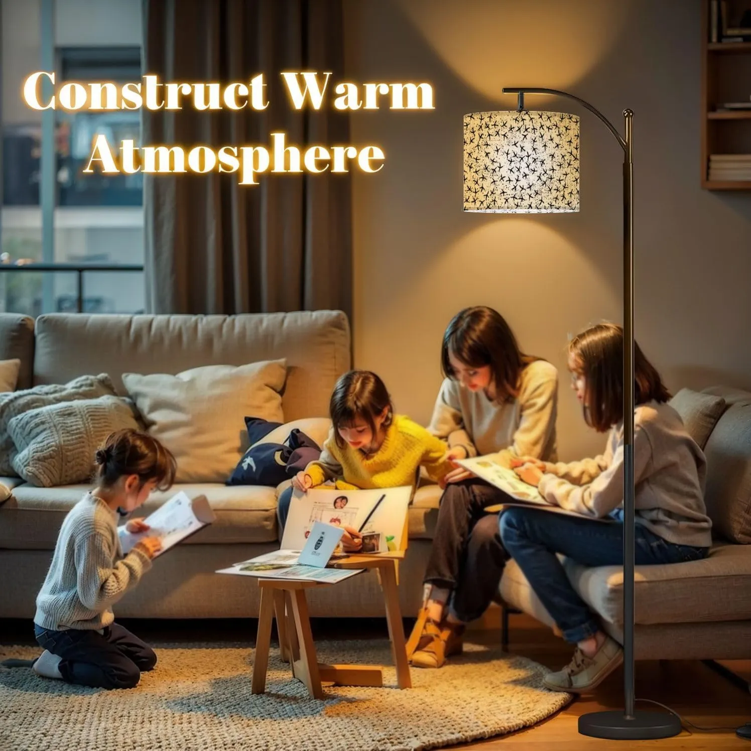 Arc Floor Lamps Abstract Seamless Pattern Chicken Footprints Grunge dots Bw bg Bird Modern LED Adjustable Lampshade Standing Light for Living Room Reading Bedroom Office