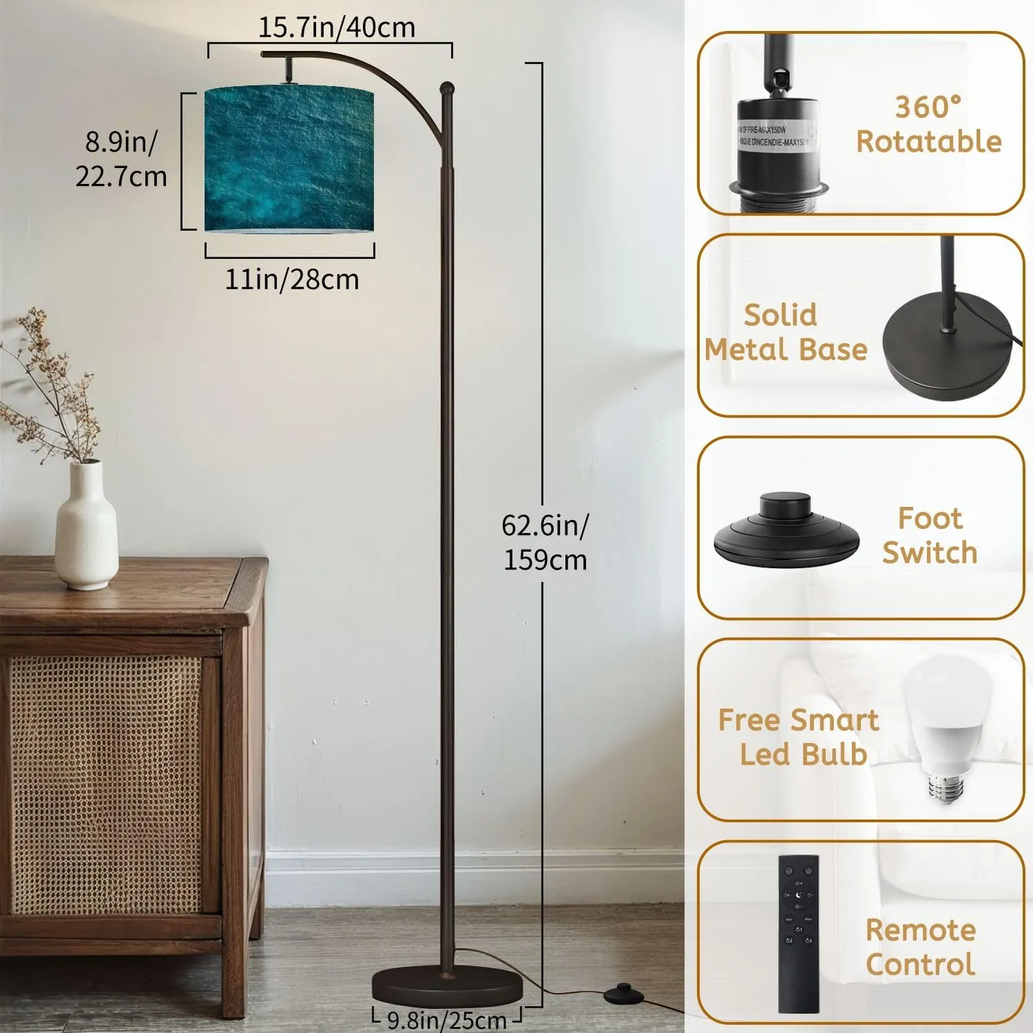 Arc Floor Lamps Aerial View Blue sea Surface Modern LED Adjustable Lampshade Standing Light for Living Room Reading Bedroom Office