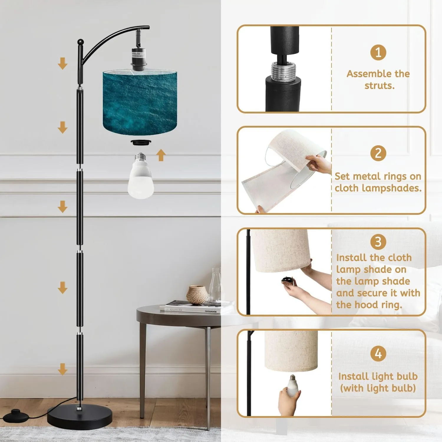 Arc Floor Lamps Aerial View Blue sea Surface Modern LED Adjustable Lampshade Standing Light for Living Room Reading Bedroom Office