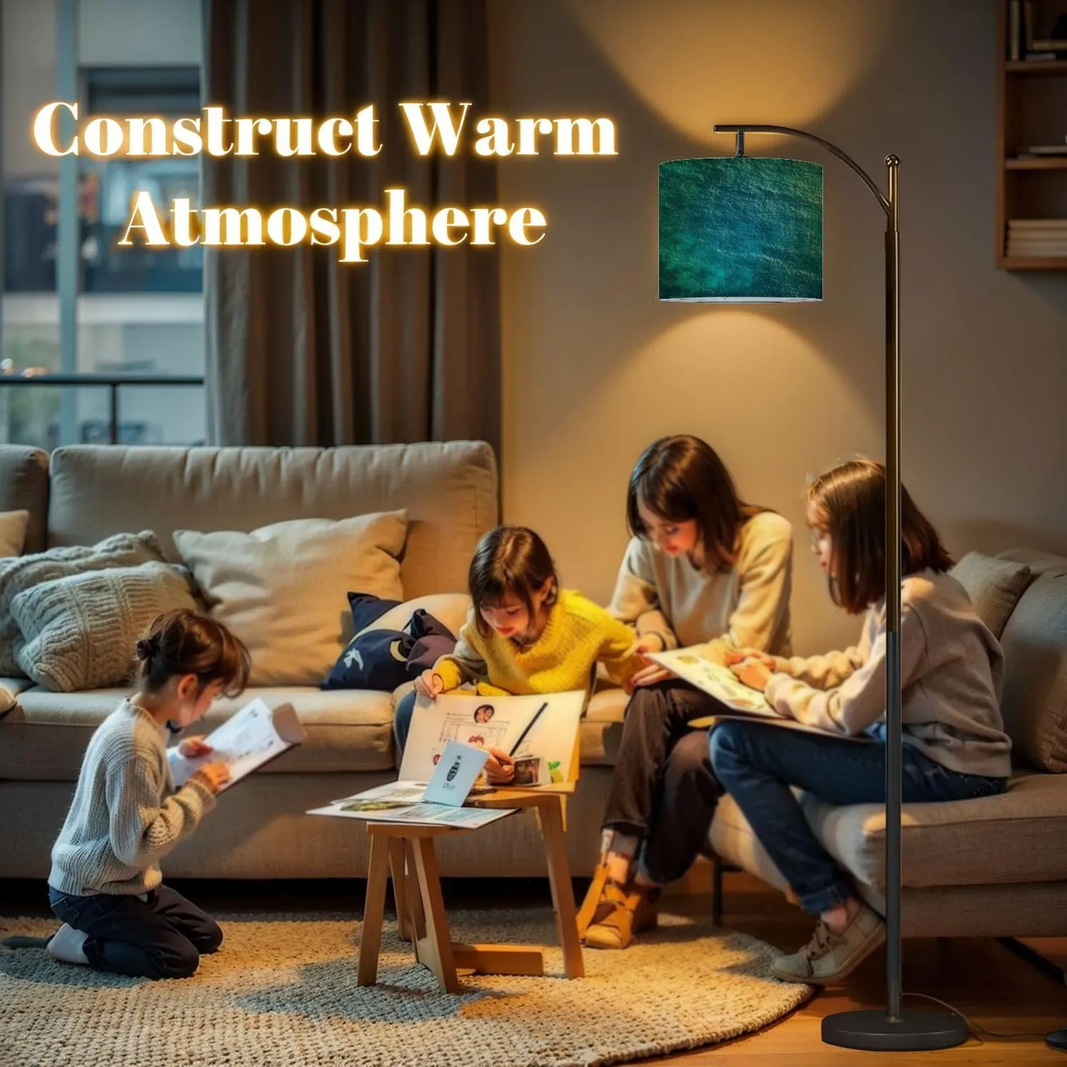 Arc Floor Lamps Aerial View Blue sea Surface Modern LED Adjustable Lampshade Standing Light for Living Room Reading Bedroom Office